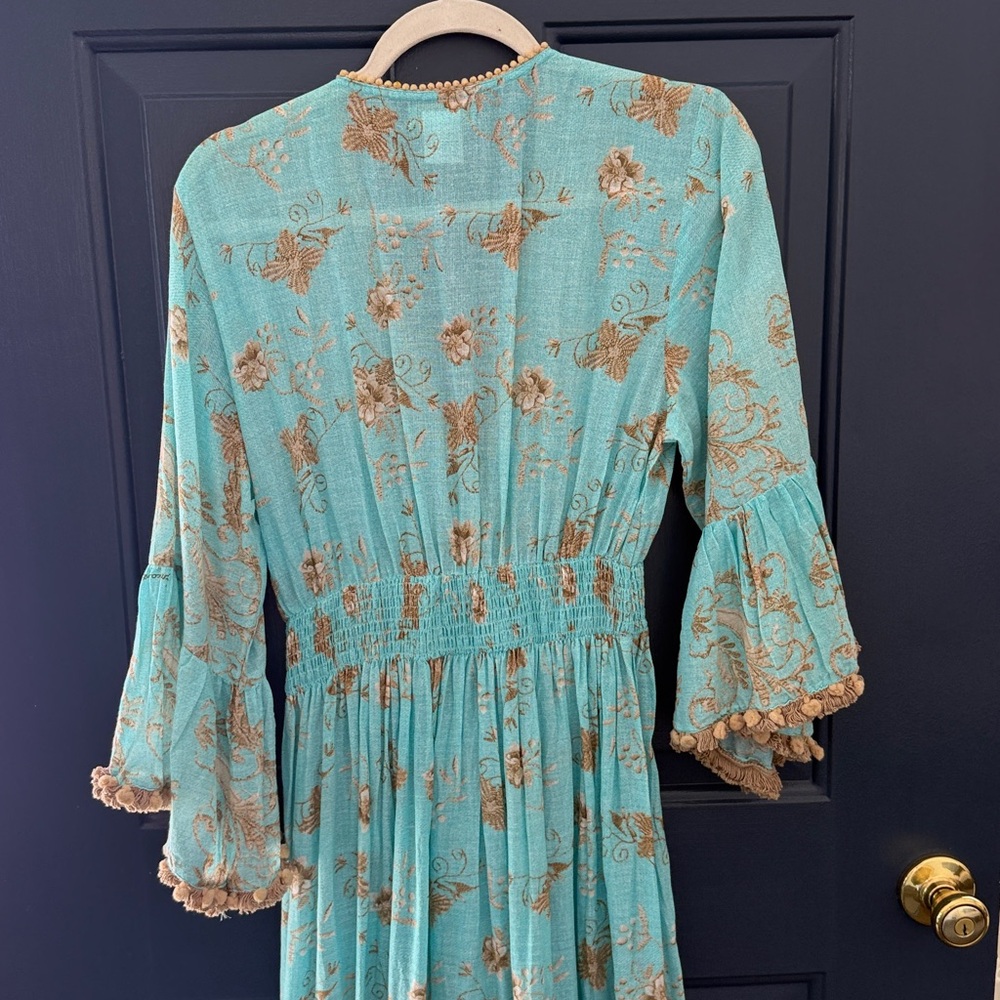 Bohemian Leoni Al Sole by Giacono Cirque Turquoise Beaded Maxi Dress w/ Pom Poms - Picture 11 of 14